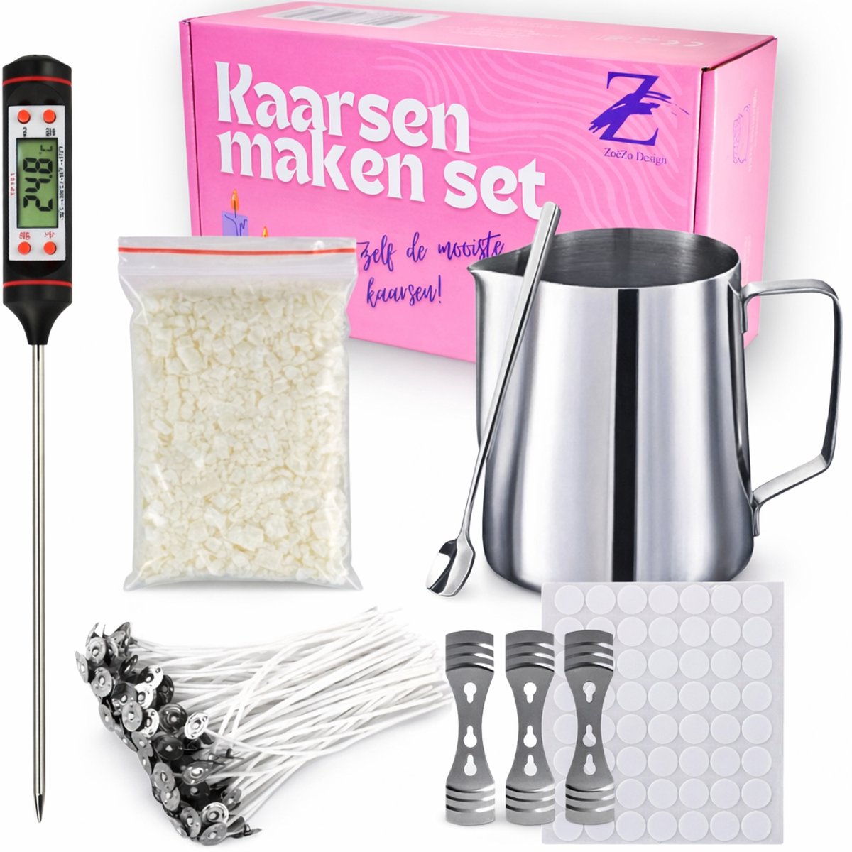 ZoeZo Design - Kaarsen maken set - Perfect voor beginners - Zelf kaarsen maken - Hobby en creatief - Incl. 240 gram soja was - Candle making kit - Starterspakket - Geurkaars - Smeltpan - Kaarsenlont - DIY - Cadeau - Soy wax