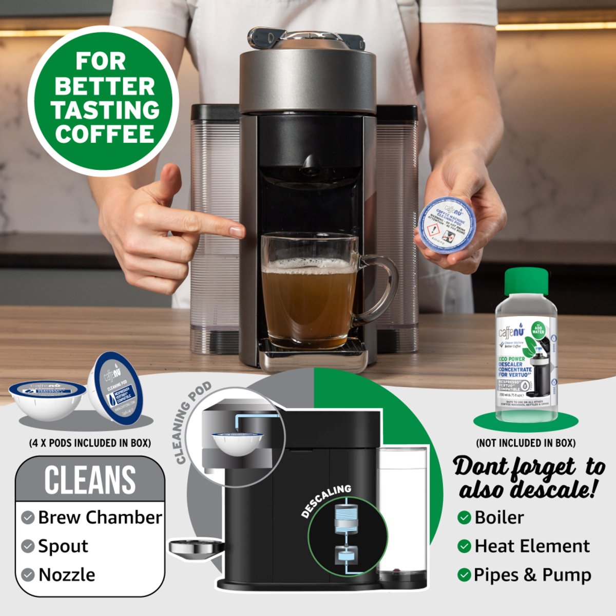 Caffenu Reinigingscups voor Nespresso Vertuo - 4 Reinigingscapsules - Koffiemachine Reiniger - Verbetert Smaak & Levensduur Koffiezetapparaat thumbnail 6