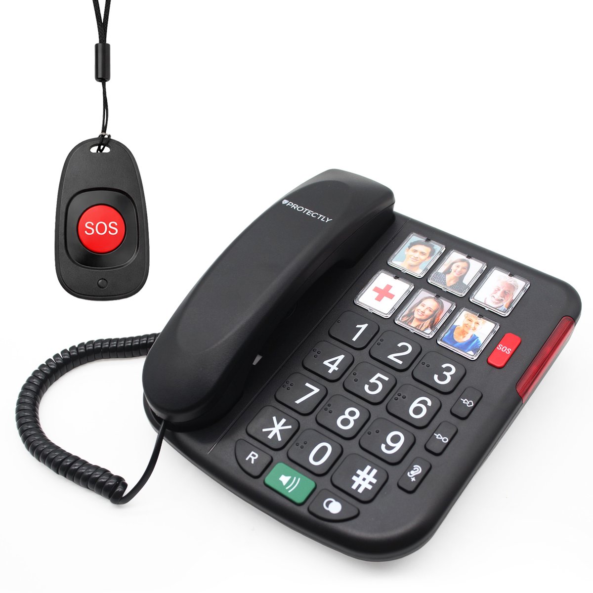 Protectly® Senioren Telefoon - SOS-Noodknop en SOS-Hanger - Senioren Mobiele Telefoon - Vaste Telefoon - Grote (Foto) Toetsen en Cijfers - Luid Volume - Nederlandstalige - Plug & Play