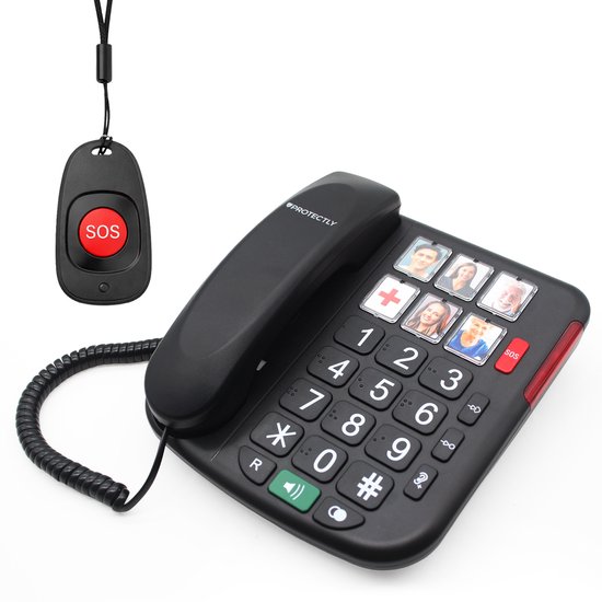 Protectly® Senioren Telefoon - SOS-Noodknop en SOS-Hanger - Senioren Mobiele Telefoon - Vaste Telefoon - Grote (Foto) Toetsen en Cijfers - Luid Volume - Nederlandstalige - Plug & Play