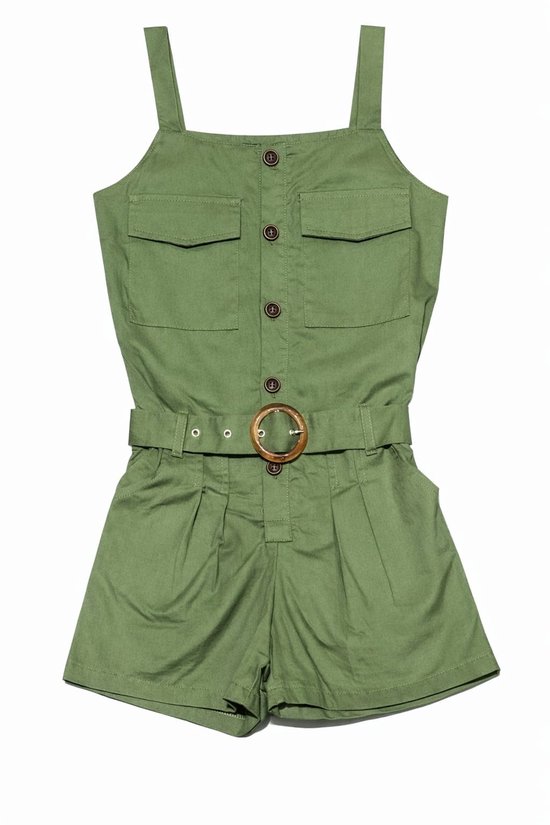 Kaki groene meisjes shortjumpsuit met knopen, opgestikte borstzakken, tailleband en gesp.