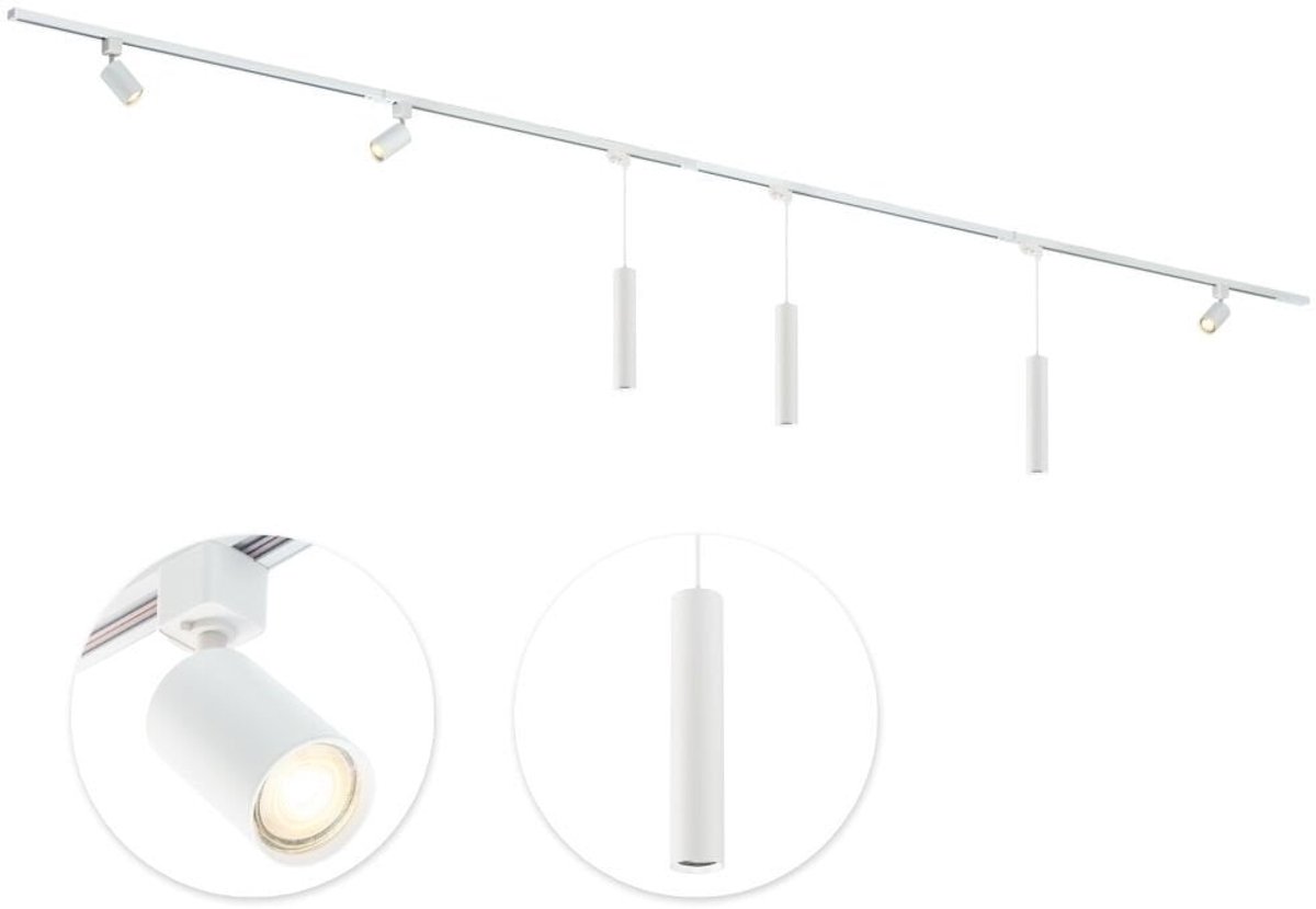 Qub Focus Railverlichting - Wit - 400 cm - I-Vorm - 3 Spots & 3 Hanglampen - Dimbaar - Complete Set