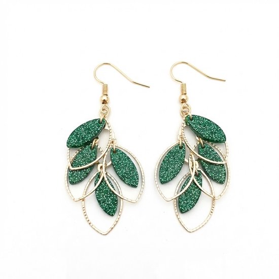 Boucles d'oreilles vertes dorées pour femmes – longues boucles d'oreilles à motif de feuilles