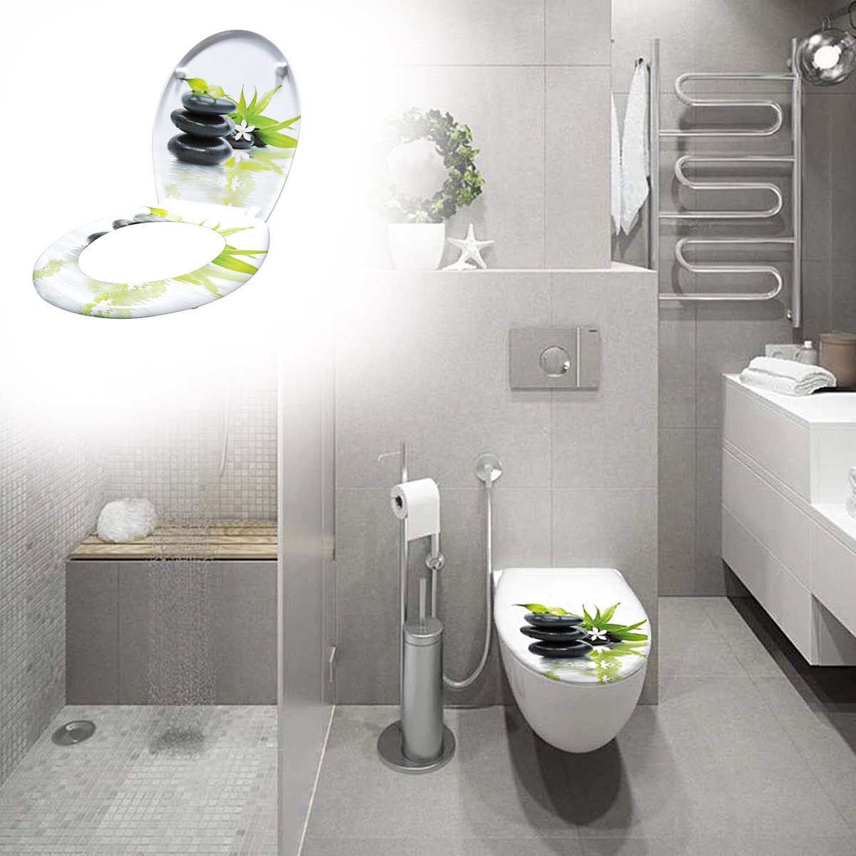 Aufun Toiletbril met Softclose - Steenpatroon - 45 x 38cm - WC-Bril van MDF met Thermohardend Deksel
