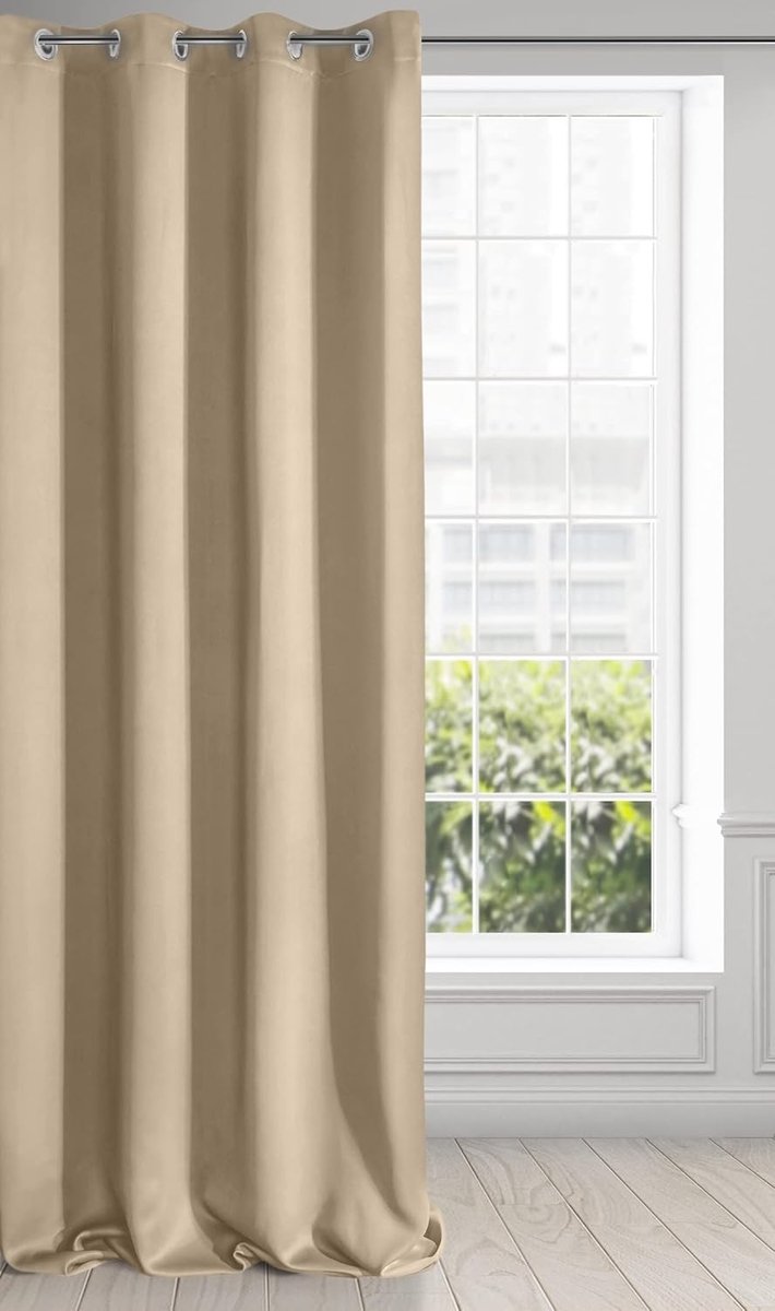Famanu Gordijn ondoorzichtig - blackout - satijn verduisteringsgordijn met oogjes 1 stuk - beige - 135 x 250 cm