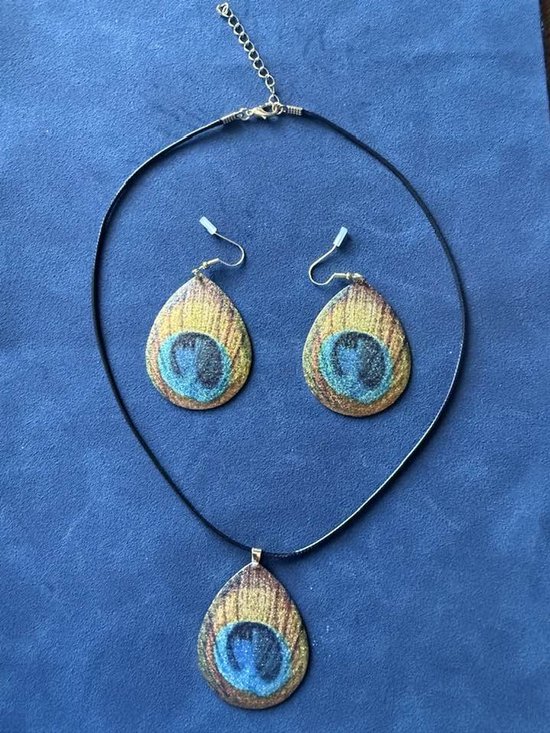 My Sweet Romance® - dames ketting met oorbellen - sieradenset 2-delig zomer - zwart met goud - blauwe pauwenoog look - ketting 47 cm (plus 5) met hanger 7 cm en oorbellen 3,5 cm