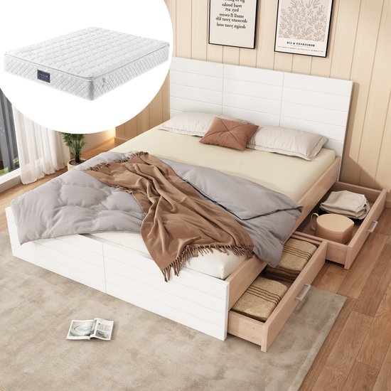 Wishdor Tweepersoonsbed 140x200 cm – Complete Set met 620-Veren Matras – 2 Lades – Massief Hout en MDF – Wit en Licht Eiken
