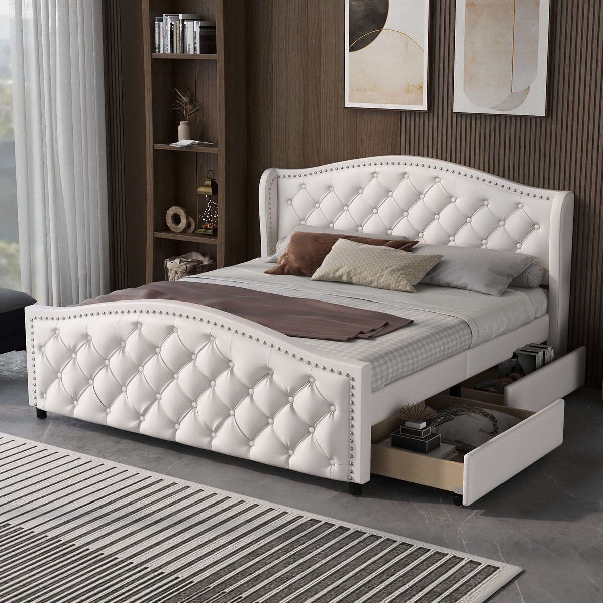 Wishdor Gestoffeerd Bed - 140x200 Cm - Met Lattenbodem - Met 2 Lades - Chesterfield Stijl - Pu Bekleding - Wit