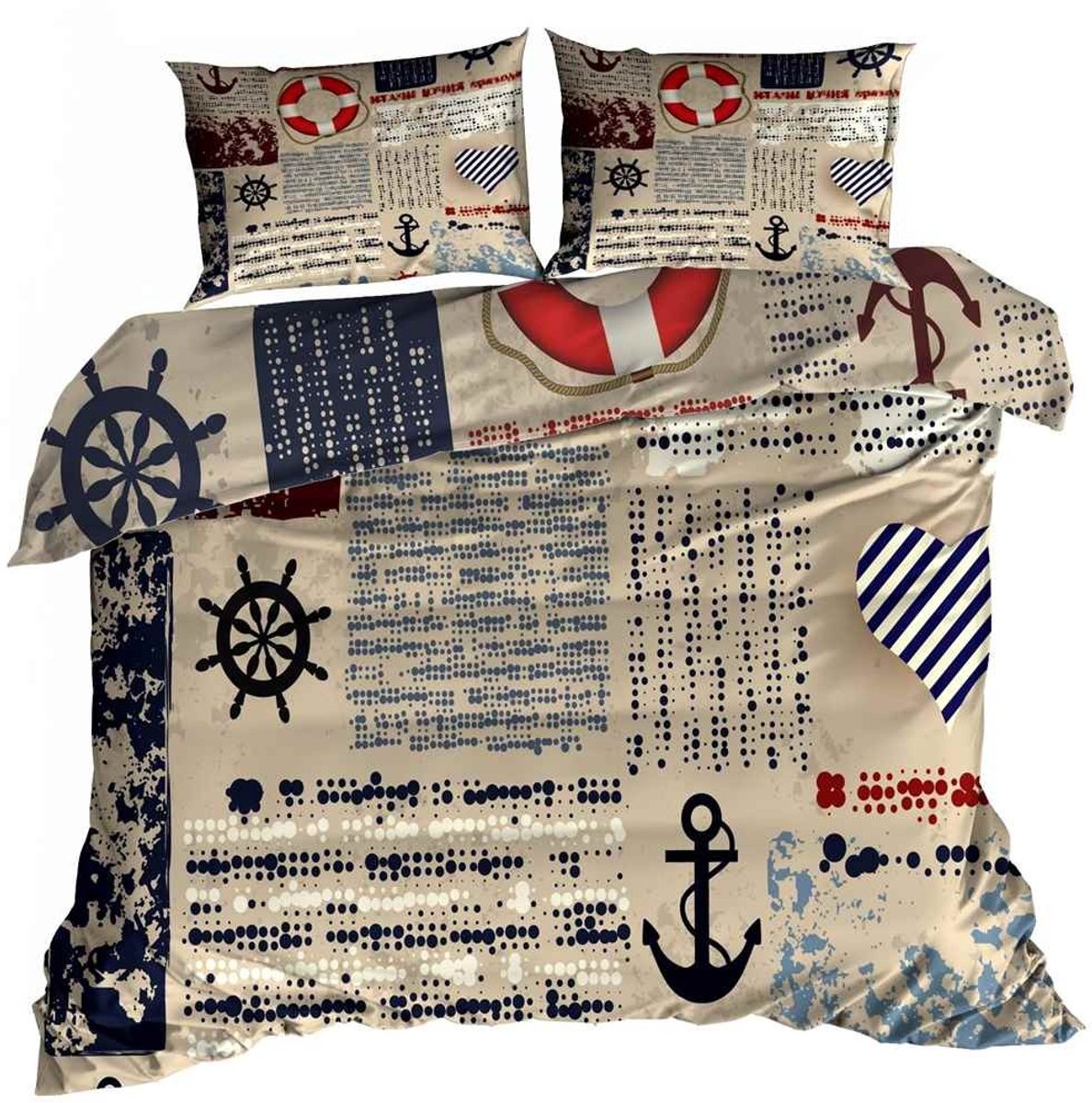 Luxe 3D Dekbedovertrekset - Katoen Satijn - 200x220 cm - Inclusief 2 Kussenslopen 70x80 cm - Design: Nautisch / Marine Stijl - Ankers & Stuurwielen - Beige/Blauw/Rood