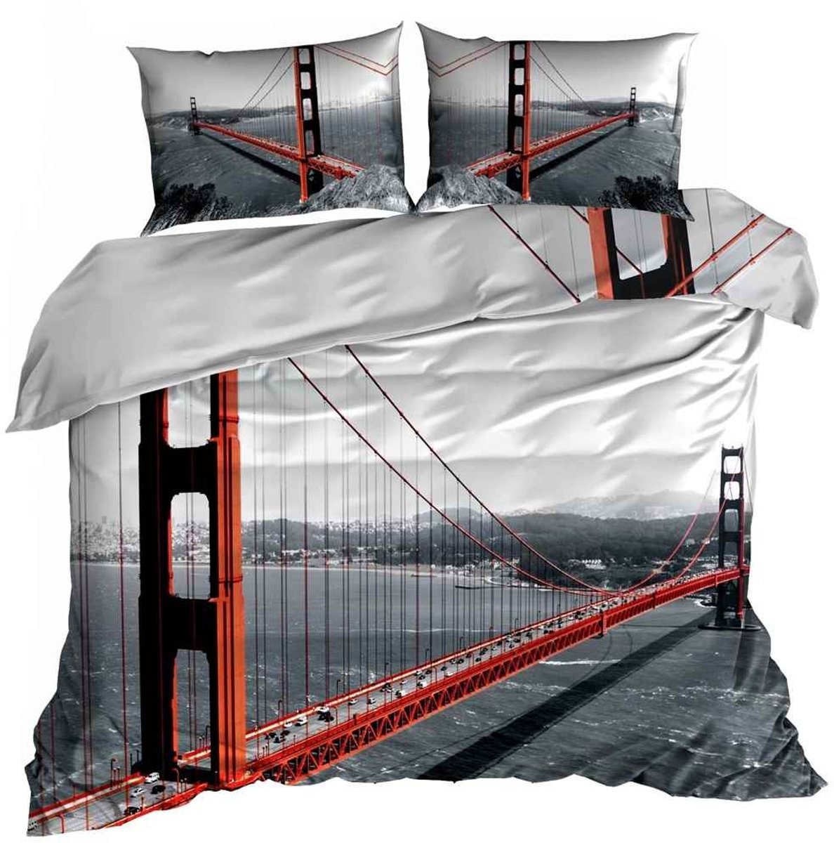 Luxe 3D Dekbedovertrekset - Katoen Satijn - 160x200 cm - Inclusief 2 Kussenslopen 70x80 cm - Design: Golden Gate Bridge San Francisco - USA Citytrip - Urban Style
