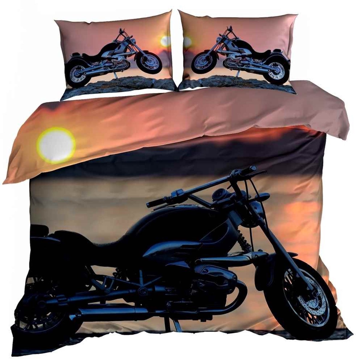 Galeria Pościeli - 3D Dekbedovertrek - 160x200cm - Katoen Satijn - Motief Motorfiets Zonsondergang