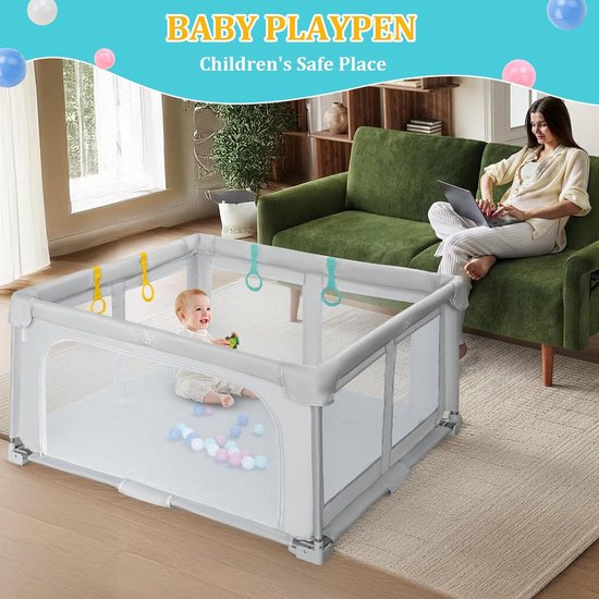 MELVRA Opvouwbare Speelbox - Babybox - 127x127 cm - Grondbox voor Baby & Peuter - Binnen & Buiten - Inclusief Reistas, 20 Ballen & 4 Handgrepen - Grijs — afbeelding 3