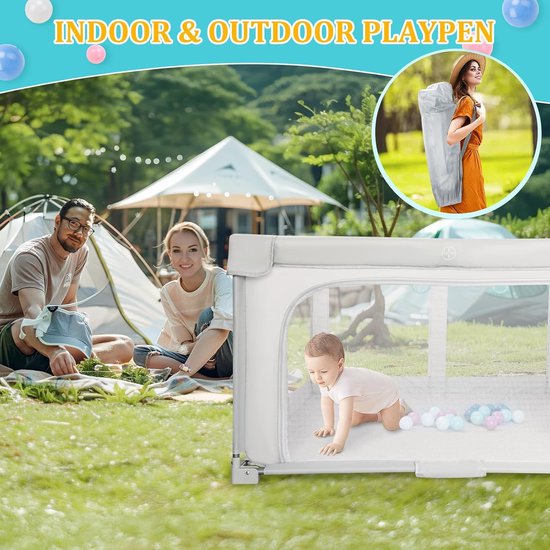 MELVRA Opvouwbare Speelbox - Babybox - 127x127 cm - Grondbox voor Baby & Peuter - Binnen & Buiten - Inclusief Reistas, 20 Ballen & 4 Handgrepen - Grijs — afbeelding 5