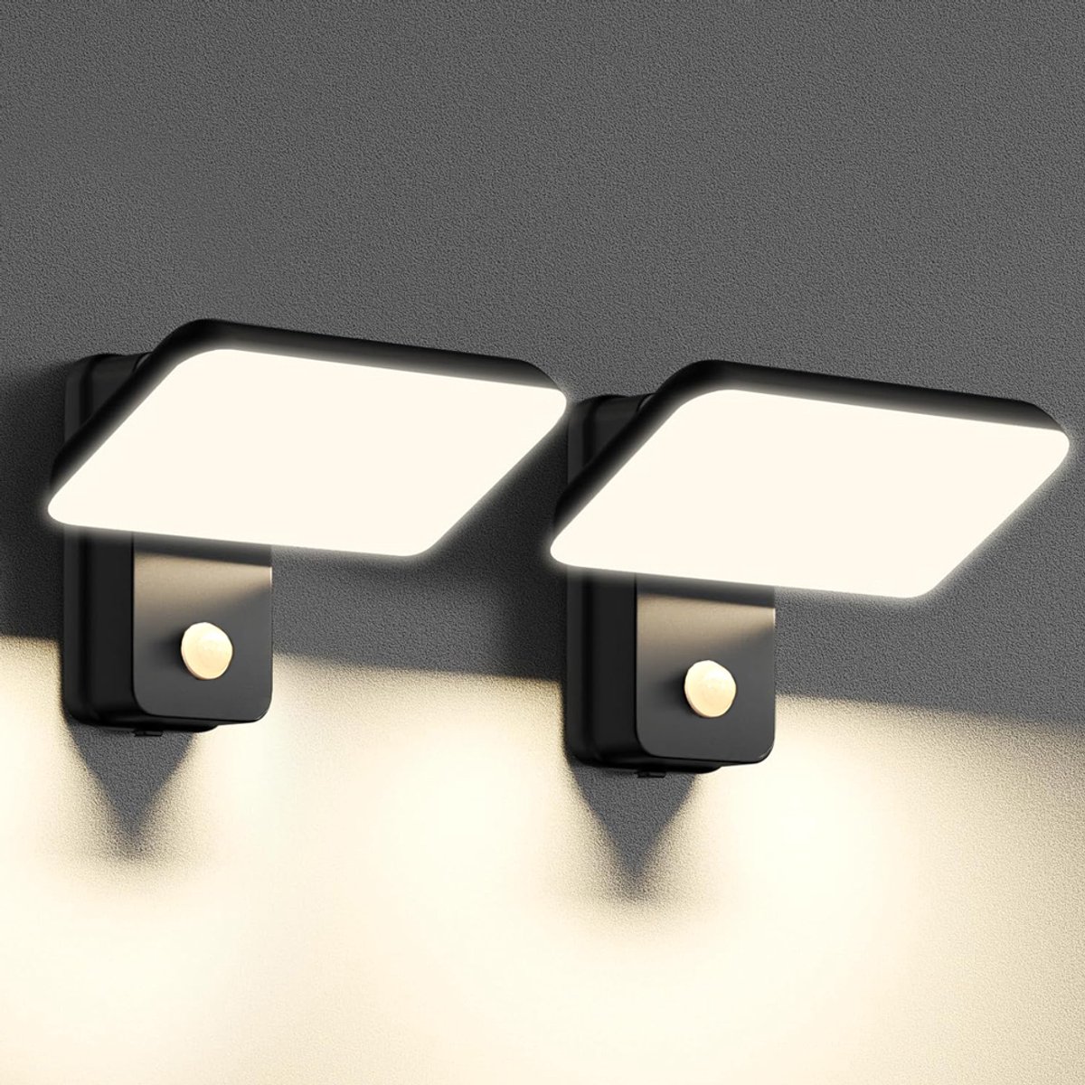 2 stuks Buitenwandlamp met bewegingssensor, IP65 zwarte LED-wandlamp met draaibaar LED-paneel, binnen-/buitenlamp voor tuin, balkon, gang, warm wit 3000K - (Aansluiten op de stroomvoorziening)