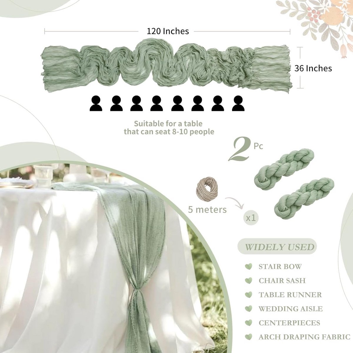 Set van 2 Groene Kaasdoek Tafellopers Eucalyptus Decoratie Woondecoratie