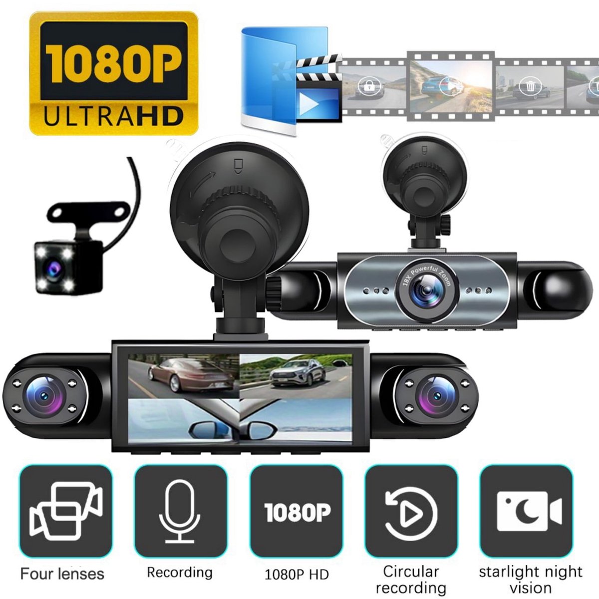 360° rondomzicht-dashcam met 4 kanalen, 1080p Full HD-opname, infrarood nachtzicht, G-sensor, loopopname, plug-and-play, geschikt voor voertuigen, taxivloten en thuisgebruik ter bescherming van de verkeersveiligheid.