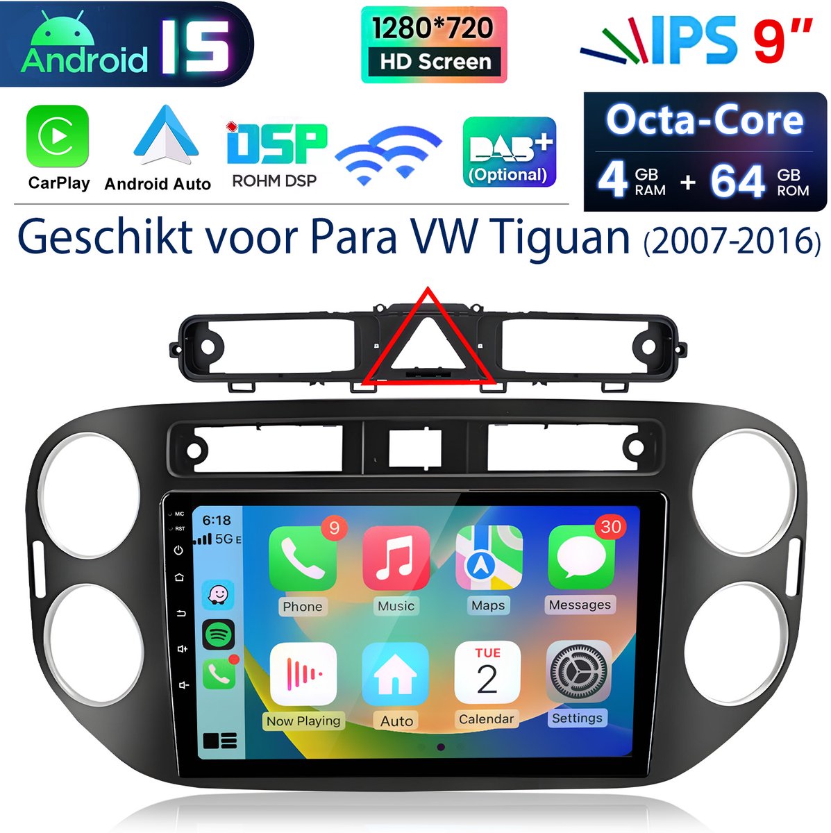 Hexinex 9" Octa-Core autoradio Geschikt voor VW Tiguan (2007-2016) - Draadloos CarPlay, Android Auto, multimediaspeler,Android15, GPS NAVI, WIFI, DSP, 4GB+64GB
