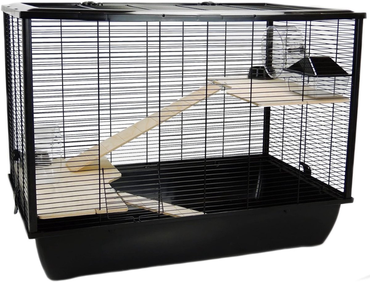 Aura® Rattenkooi - Frettenkooi - Chinchilla kooi - Knaagdierenkooi Op Wielen - Verwijderbare onderste la – Zwart - 78cm x 48cm x 58cm