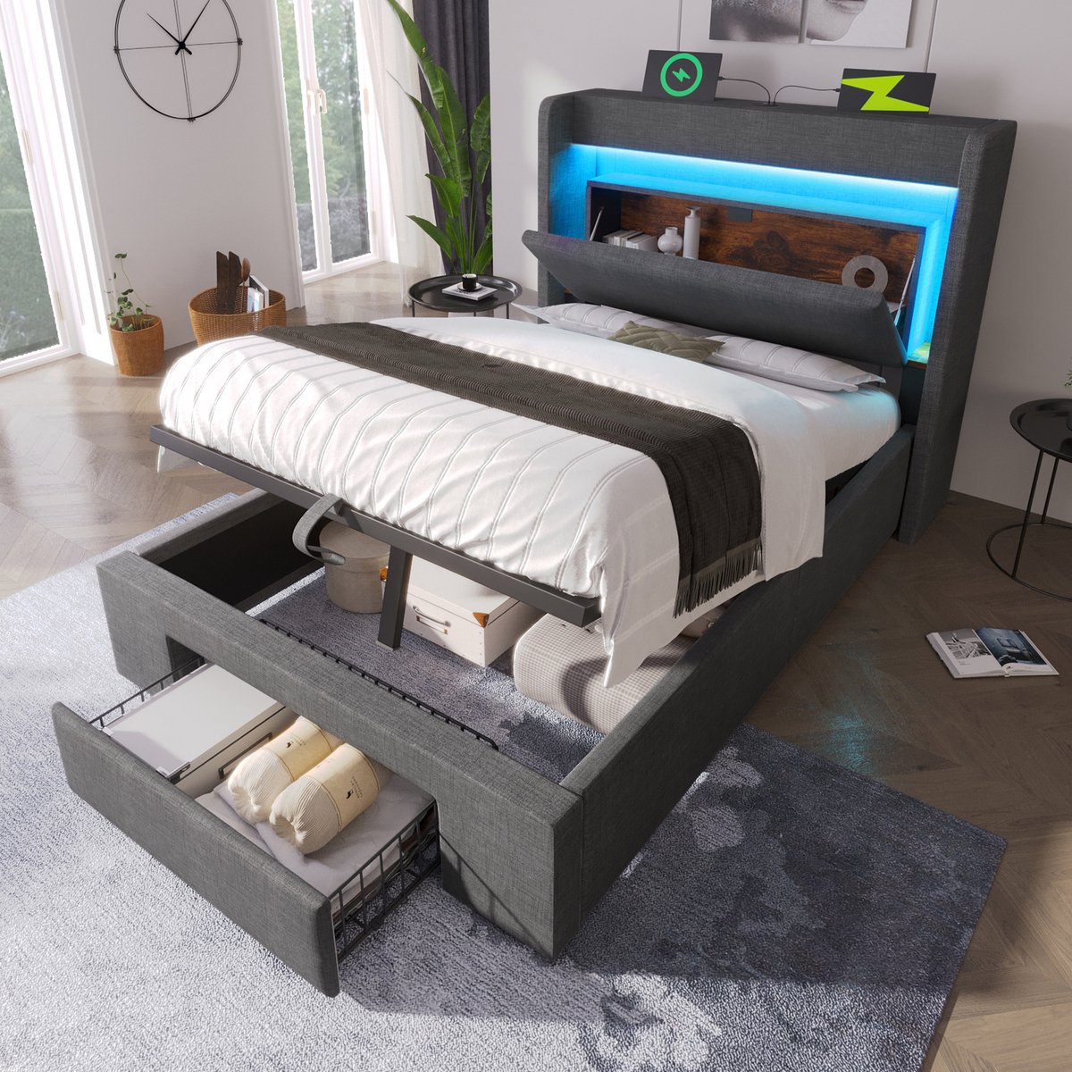 Gestoffeerd Eenpersoonsbed - 90x200 - Hydraulisch Opbergbed + LED + Hoofdeinde Met Opbergruimte - Lattenbodem - Linnen - Grijs