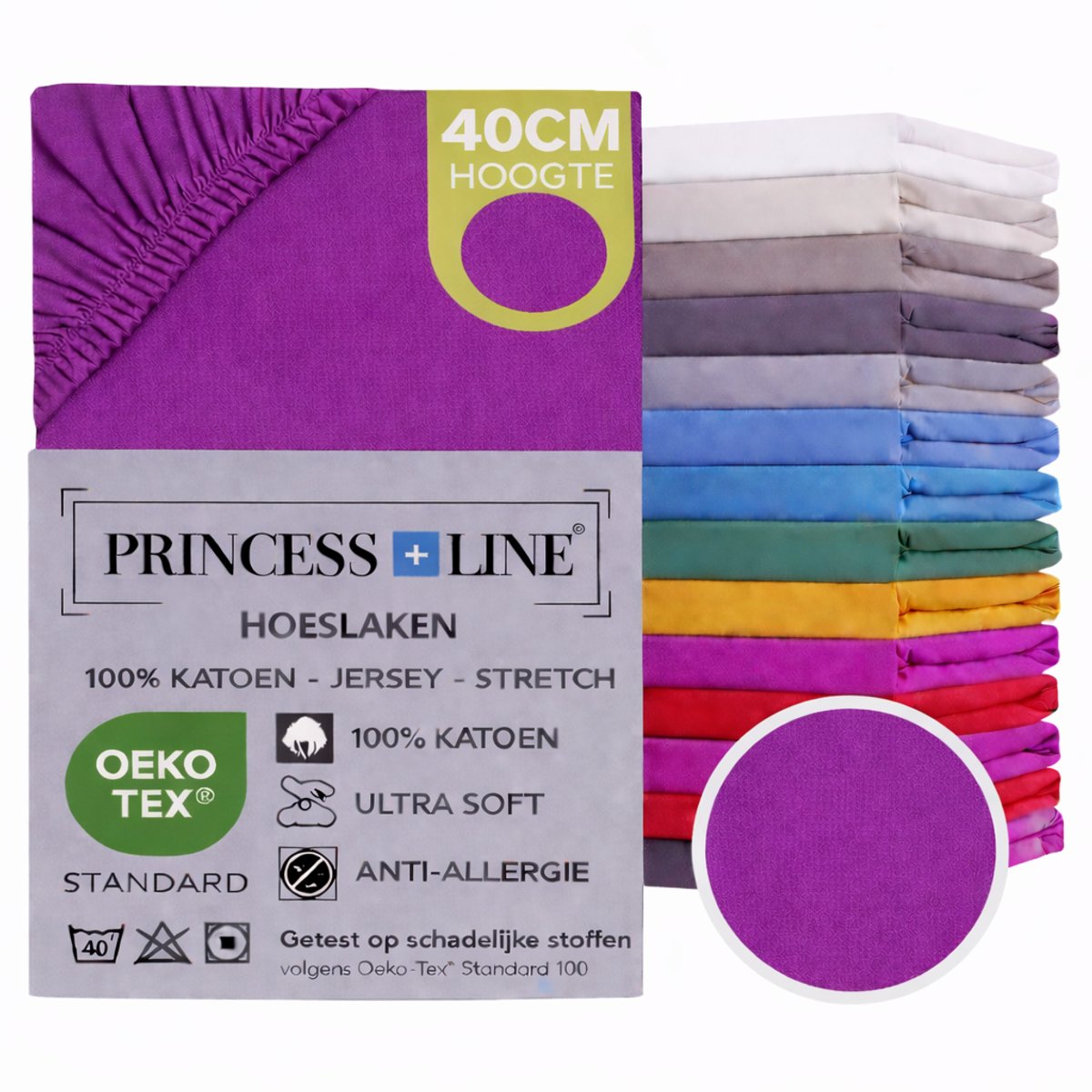 Princess Line- Comfortabel Ultra-Soft-Hoeslaken -100% katoen-Jersey -Stretch -Strijkvrij- Rondom elastiek-Hoekhoogte tot 40cm-Voor Boxspring-Waterbed-2Persoons- Lits-Jumeaux-180x220x40cm-Paars