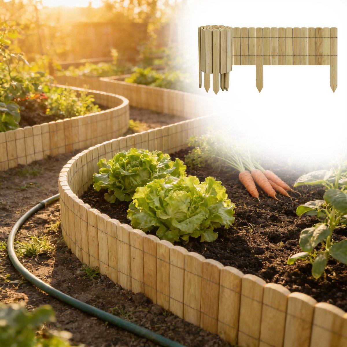 Aufun Flexibele grenenhouten schutting, tuinranddecoratie - 20×200 cm Natuurlijke houtkleur - Geschikt voor het markeren van paden, tuin- en gazongrenzen.