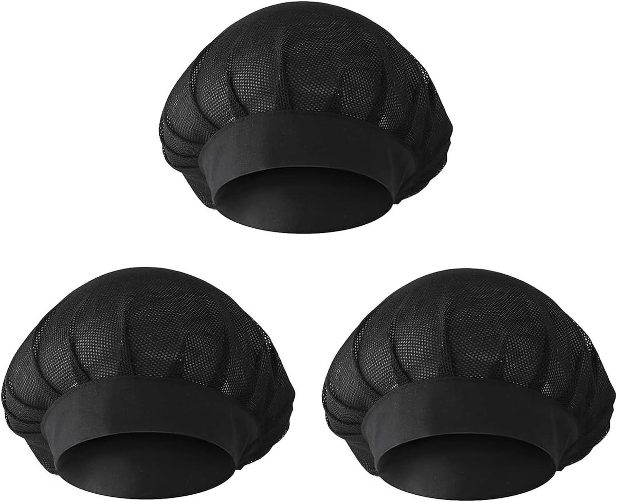 Set van 3 elastische koksmutsen met mesh voor keukenpersoneel en catering - Wit - Haarnetjes