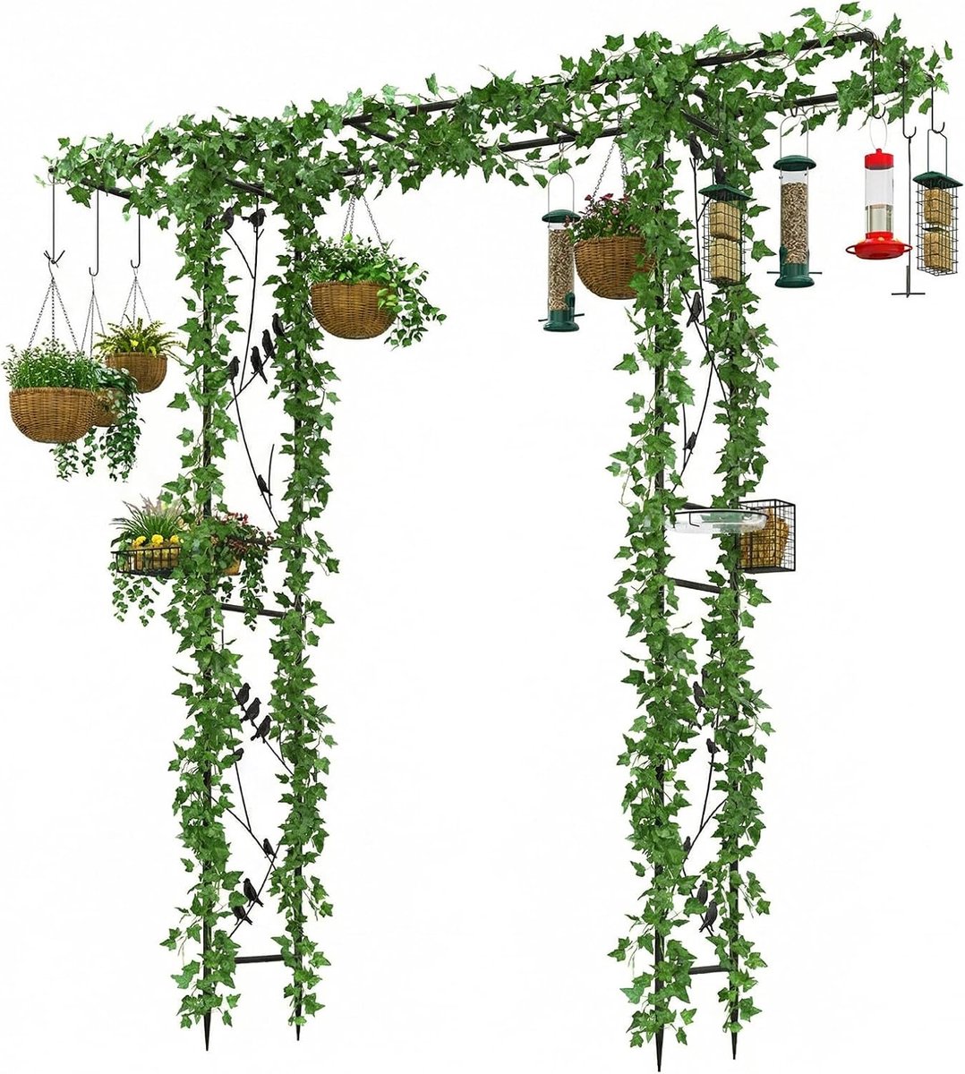 KOMFOTTEU Rozenboog - Tuinboog - Bloemenboog - metaal - met vogelvoederstation - poortboog met waterschaal, voerbak voor vogels - voor tuin en bruiloften - 212 x 40 x 213 cm