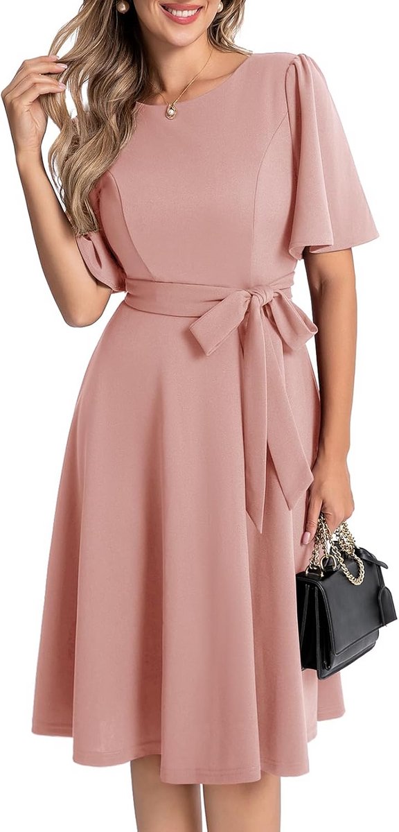 Elegante Midi-Avondjurk met Korte Mouwen en Riem voor Dames