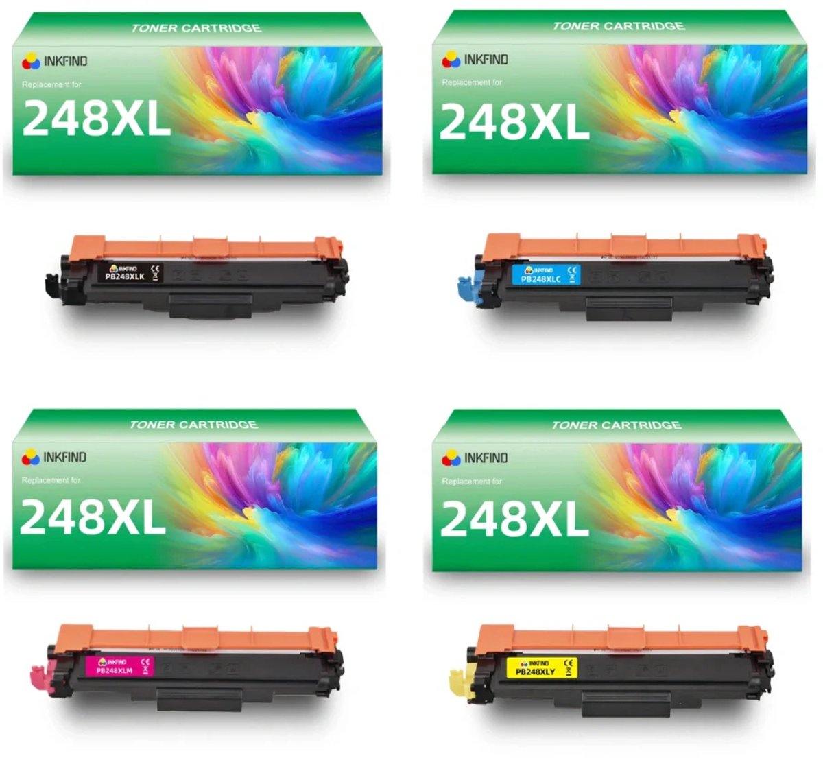 INKFIND TN248XL tonercartridge multipack van 4 stuks (Zwart+Cyaan+Magenta+Geel) compatibel met Brother TN248XLBK TN248XLC TN248XLM TN248XLY TN-248XLBK TN-248XLC TN-248XLM TN-248XLY (Zwart+Cyaan+Magenta+Geel) toner cartridge -4-pack BK/C/M/Y
