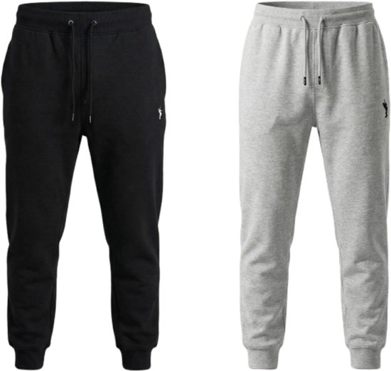 Zwarte en grijze Hitman joggingbroeken voor heren naast elkaar.