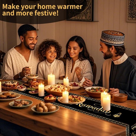 Eid Tafelloper – Zwarte en Gouden Ramadan Tafeldecoratie voor Eetkamer - Luxe Feestdecor voor Eid Mubarak - 100 cm