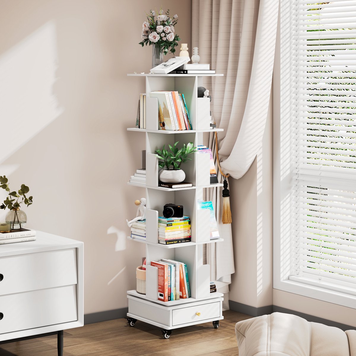 Boekenkast - Witte boekenkast 40 x 40 x 144,5 cm - Draaibare boekenkast met vier planken en lades Draaibare boekenkast Geschikt voor de woonkamer, slaapkamer en studeerkamer