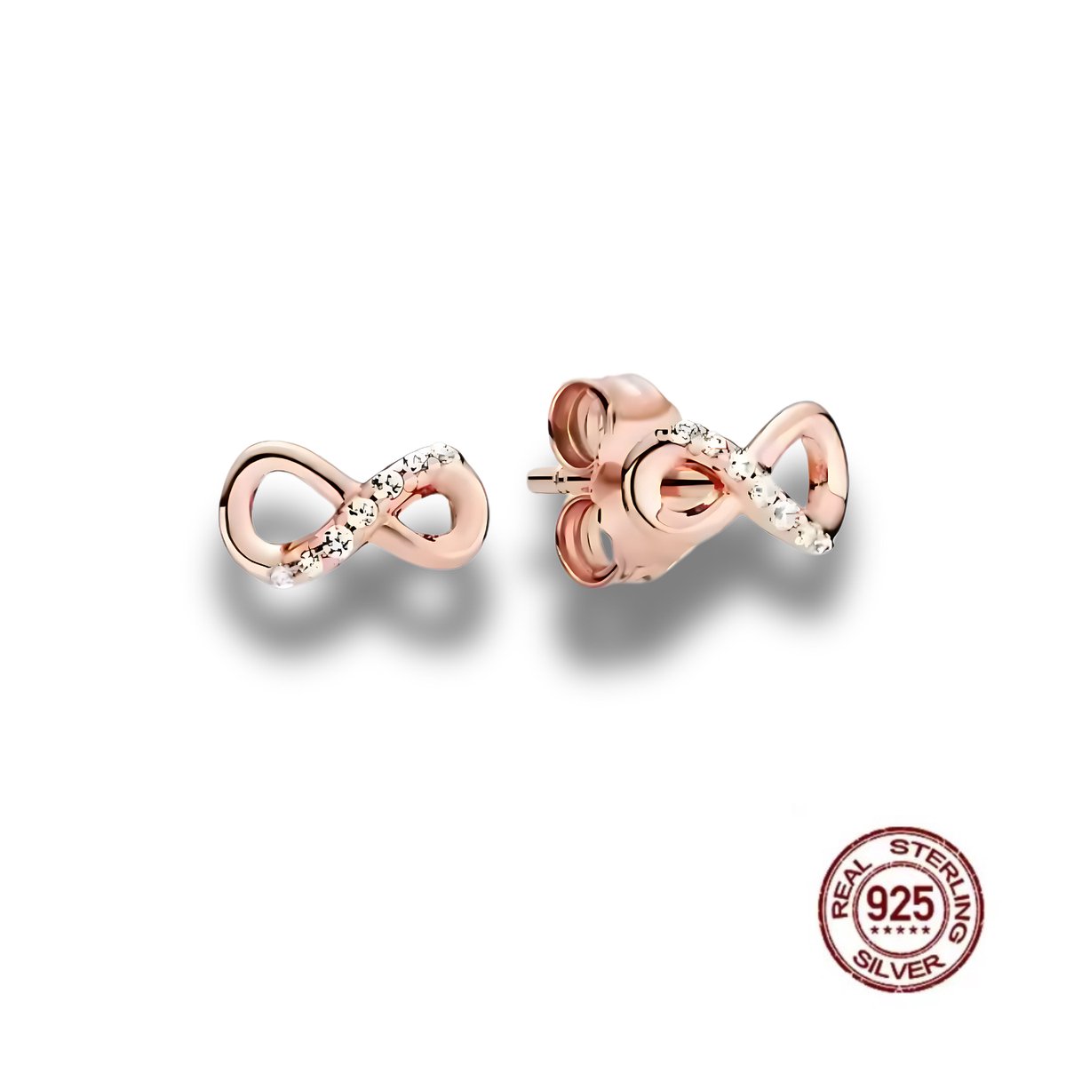 Oorbellen - 925 Sterling Zilver - oorstekers Infinity - Oneindigheid – rosé goudkleurig - Zirkonia - 8 mm