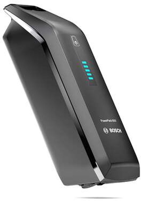 Zwarte Bosch PowerPack 800 fietsaccu met blauwe LED-indicatoren en zilverkleurige accenten.