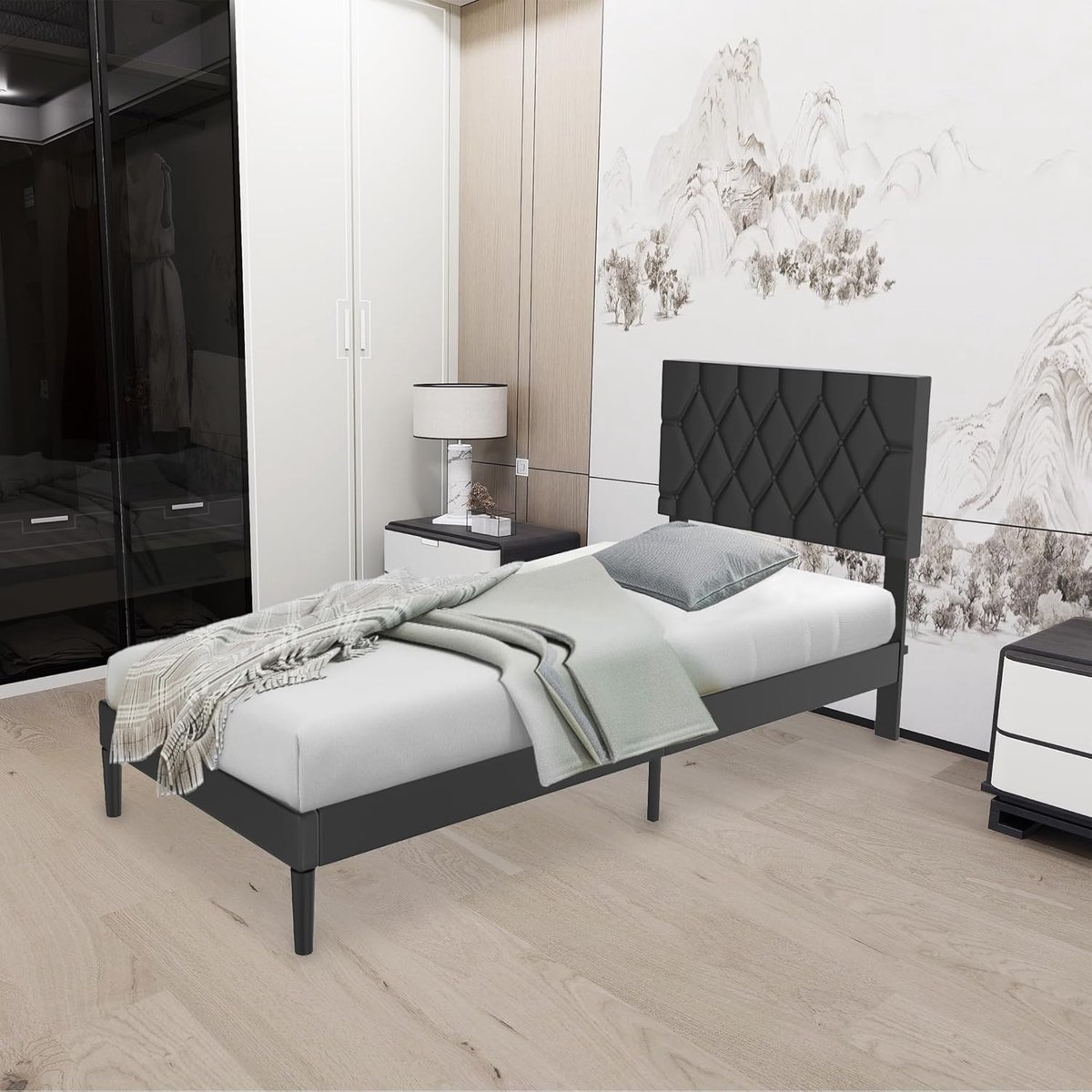 NAIZY Bedframe 90 x 200 cm Bedframeset Inclusief Metalen Frame, Lederen Hoofdeinde en Houten Lattenbodem Gestoffeerd Bed Met 17 cm Hoge Opbergruimte Onder Het Bed Voor Slaapkamer of Logeerkamer (Zwart) NAIZY