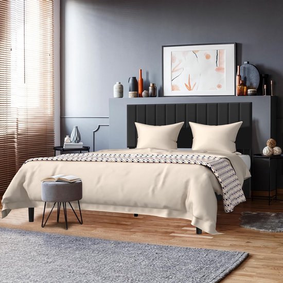 Bedframe 140 x 200 cm Bedframeset Inclusief Metalen Frame, Fluwelen Hoofdeinde en Houten Lattenbodem Gestoffeerd Bed Met 17 cm Hoge Opbergruimte Onder Het Bed Voor Slaapkamer of Logeerkamer (Zwart) NAIZY