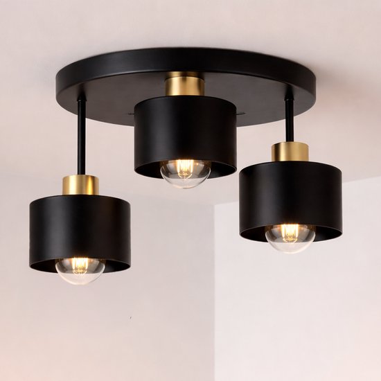 WoonWonder Industrieel Zwart / Goud - 3 x max. 60 Watt (E27) - Hangklaar - Plafonnière Woonkamer, Kinderkamer, Slaapkamer - excl. lichtbron