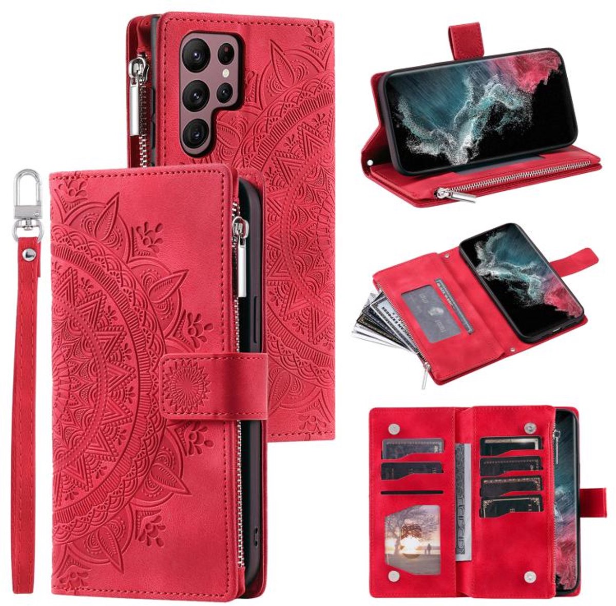 Telefoonhoesje geschikt voor Samsung Galaxy S26 Ultra 5G - Portemonnee met rits - book-case hoesje - ruimte voor 8 pasjes - mandala rood