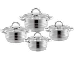 Pannenset – 8-Delig – Voor Inductie en Gas – Vaatwasser Bestendig – RVS met Glazen Deksels
