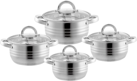 Pannenset – 8-Delig – Voor Inductie en Gas – Vaatwasser Bestendig – RVS met Glazen Deksels