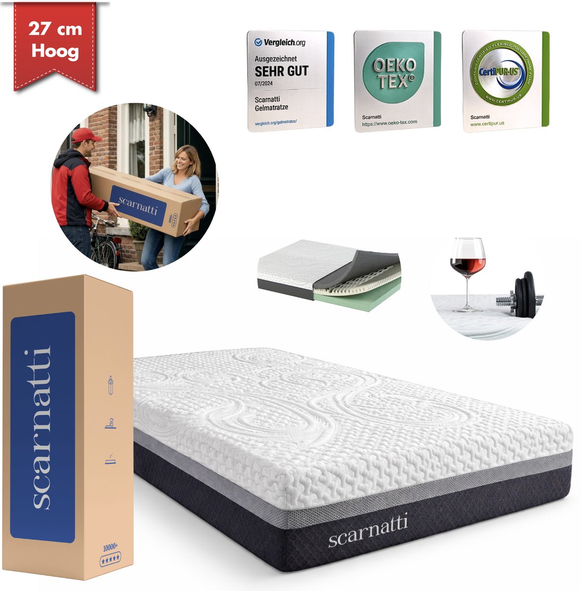 Matras 90 x 200 cm - Extra Comfort 27 cm - met Bamboe Tijk - Logeermatrassen - 2in1 koudschuim / traagschuim - Eenpersoonsmatras - Logeermatras