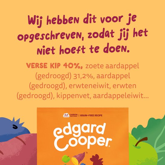 Close-up van Edgard Cooper zak met ingrediënten: kip, zoete aardappel, aardappel, erwten.