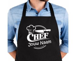 Keukenschort Chef! - Gepersonaliseerd Met Jouw Naam - 65x90cm - 100% katoen - Schort - Keukenschorten - Verjaardags cadeau - BBQ - Vaderdag - Moederdag cadeau