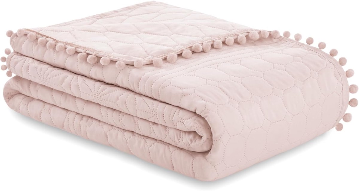 Famanu – Sprei met pompons 260 x 280 cm bedsprei dubbelzijdig ultrasoon stiksel polyester Meadore poederroze