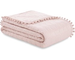 Famanu – Sprei met pompons 260 x 280 cm bedsprei dubbelzijdig ultrasoon stiksel polyester Meadore poederroze