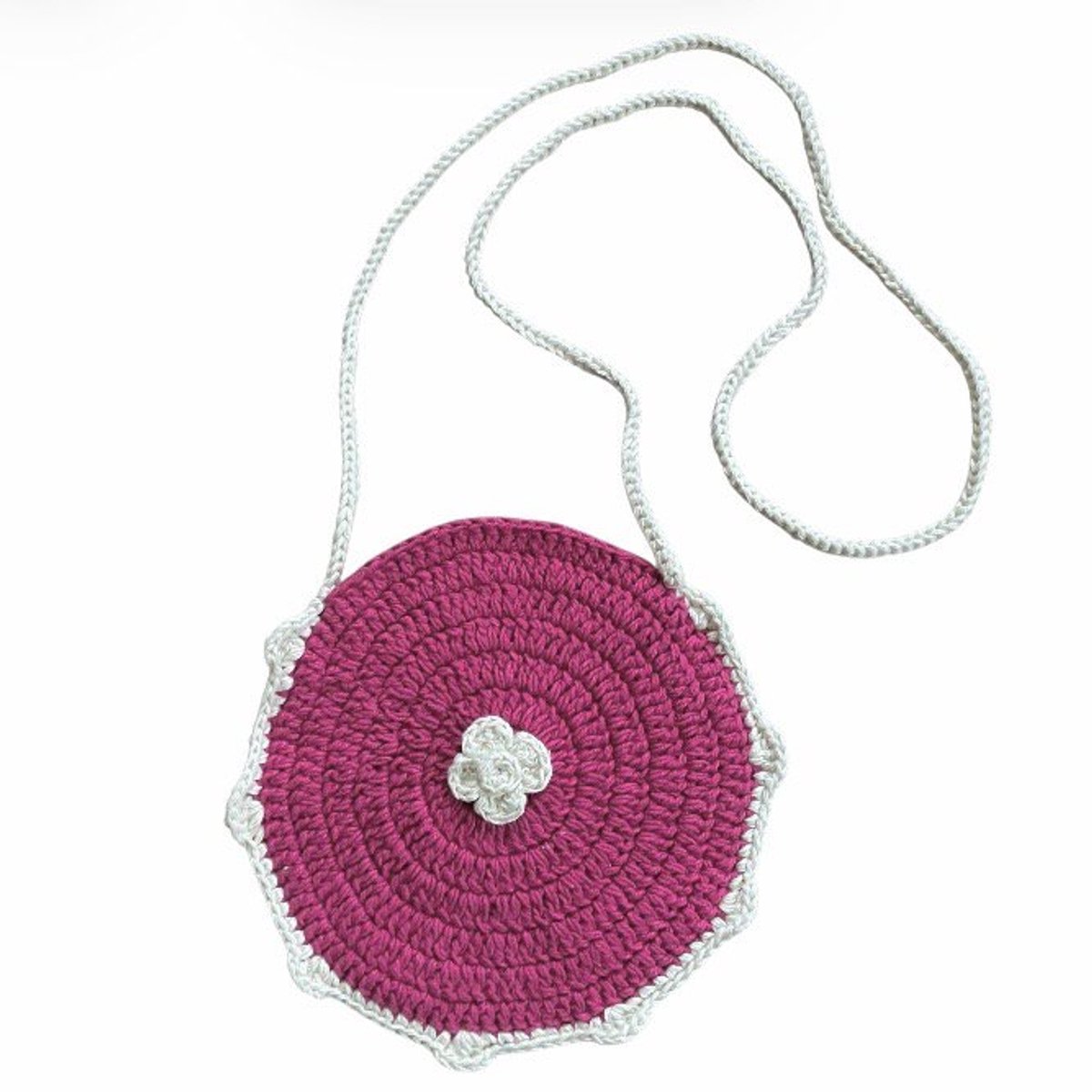 Luna-Leena duurzame rond, plat kindertasje in fuchsia - bio katoen - 14ø cm + hengsel L95cm - 1 vak - hand gehaakt in Nepal - tas - handtas - crossbodytas - kidsbag - gift accessoires