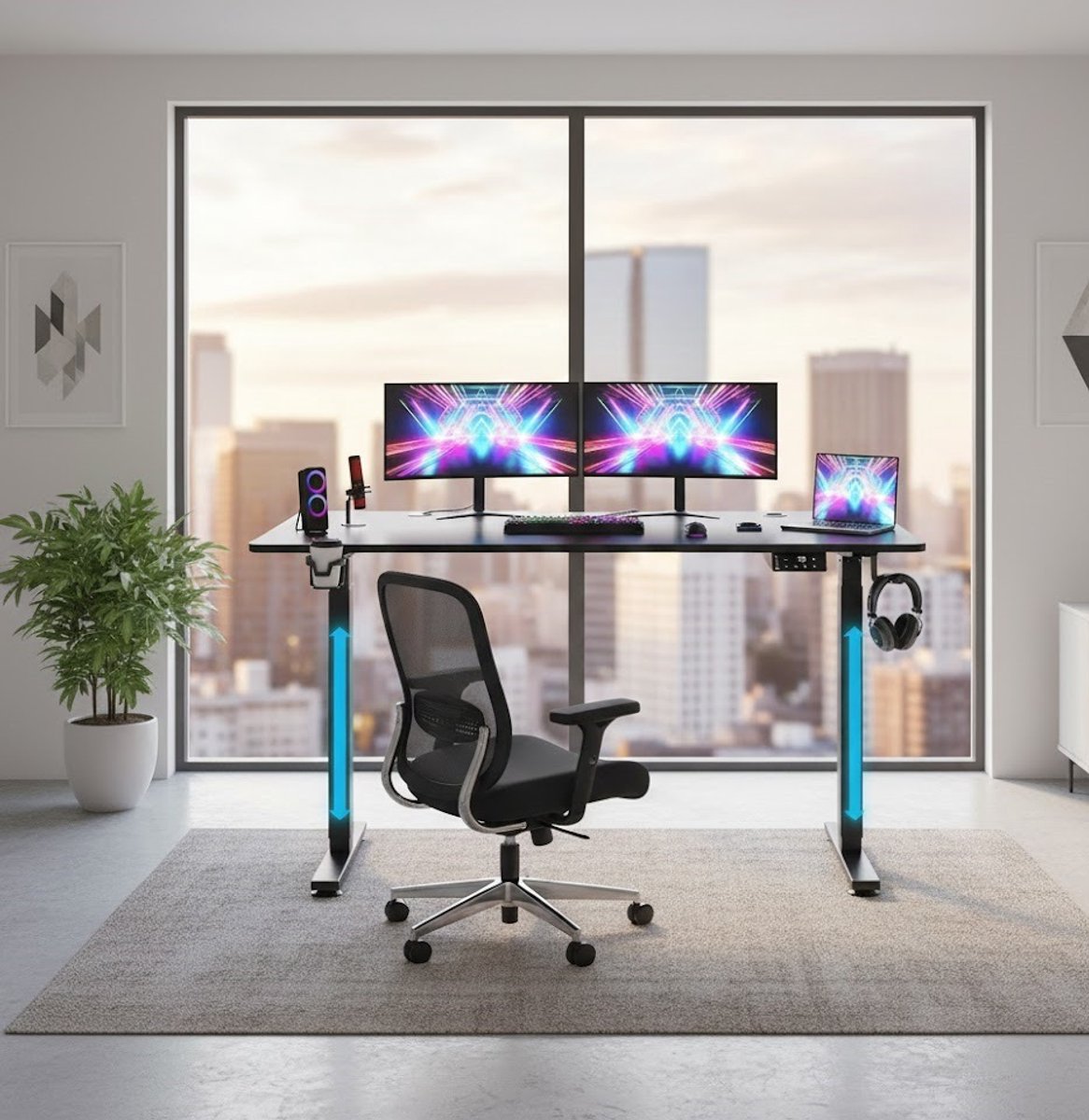 Ergonomisch Sta-Zit Bureau 140 cm – Elektrisch In Hoogte Verstelbaar – Gaming Bureau & Computer Bureau – LCD Display met Geheugenfunctie – Zwart Carbon Look – Kantoor & Thuiswerkplek A-Furniture
