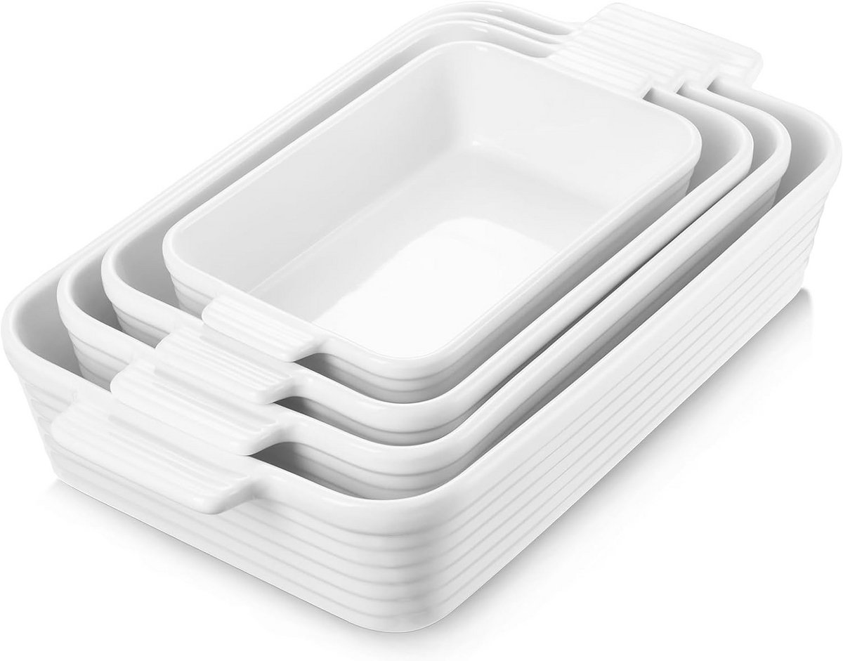Set van 4 Diepe Porseleinen Ovenschalen Rechthoekig met Handvatten