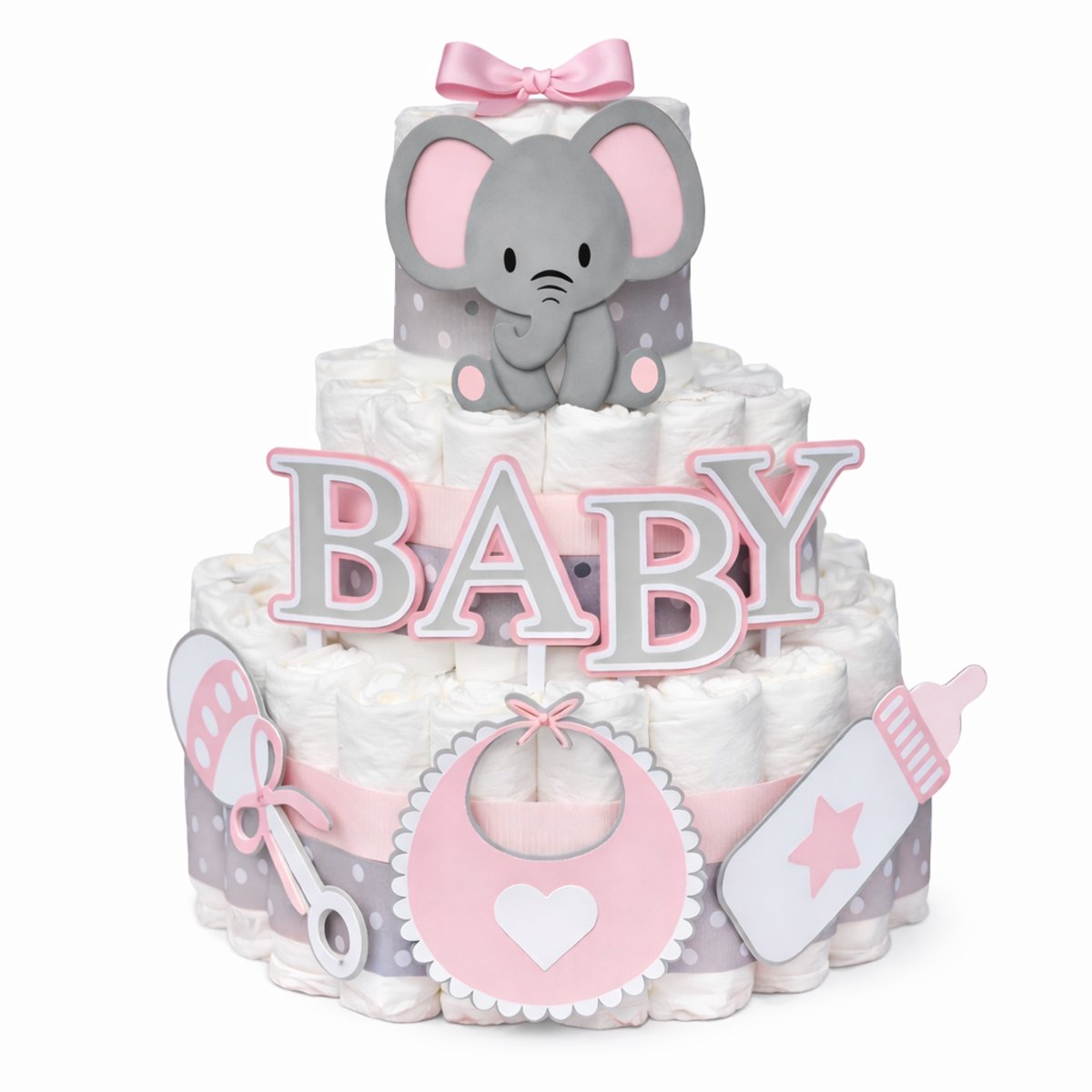 Luiertaart Baby Olifant – Roze & Grijs