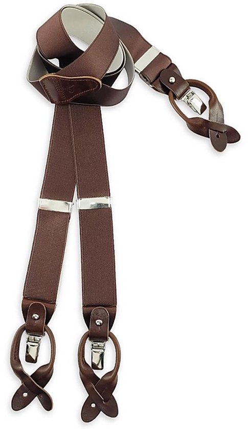 Bruine lederen bretels met zilverkleurige clips en knopen.